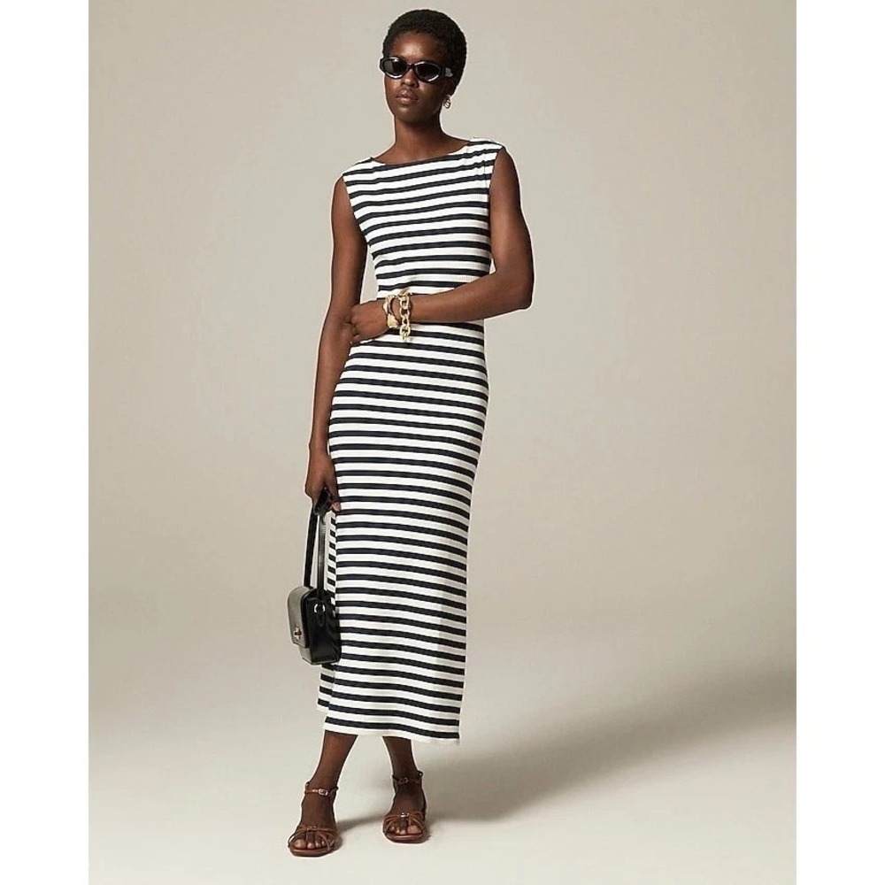 New J.crew Knit Boatneck Ribbed Midi Dress Navy White Stripes Sz XXL Classic